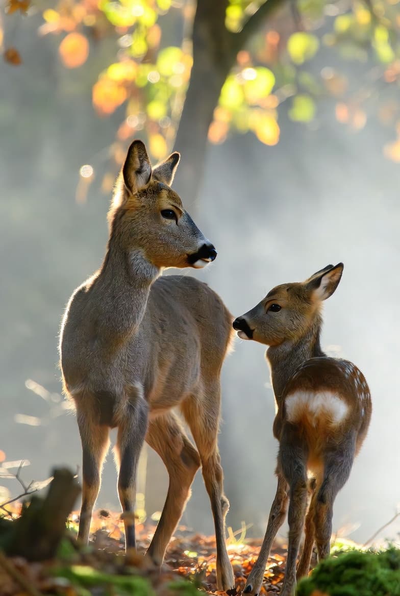 Ricke mit Kitz im morgendlichen Wald — das Muttertier führt den Nachwuchs